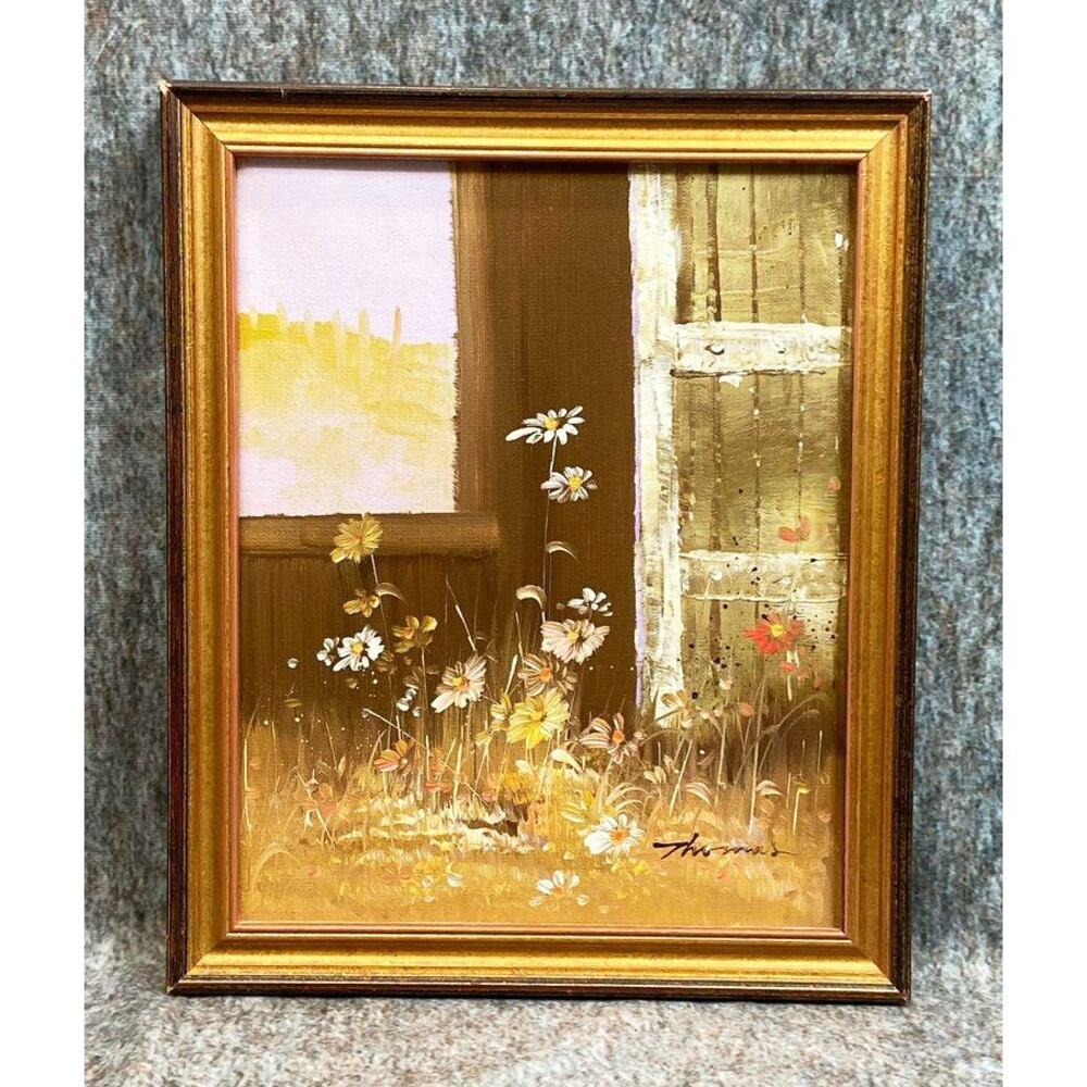 Thomas Signed Original Barn Yard Wildflowers Still Life Painting Framed